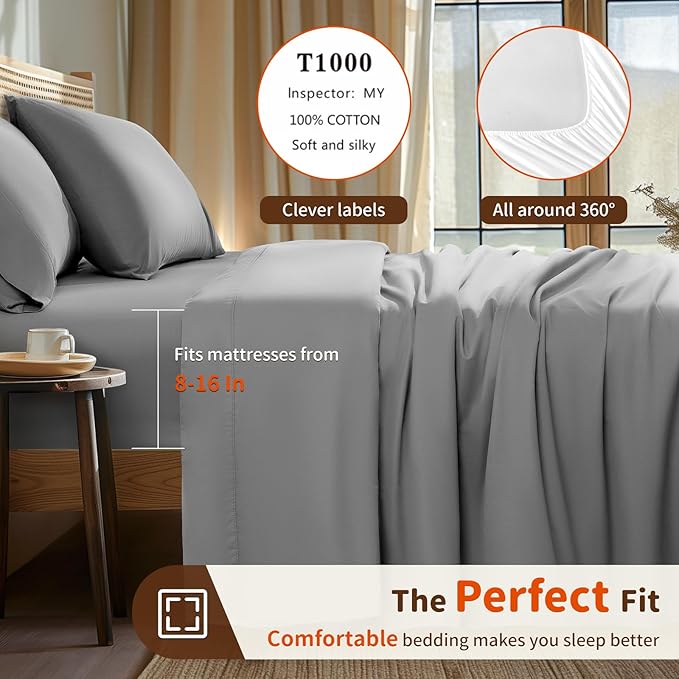 LBRO2M 1000 Thread Count 100% Egyptian Cotton Sheets Set Twin, 3 Piece Sets Bed Sheet Deep Pocket Sheet Set 16" Soft Comfortable All Season (Twin, Gray)