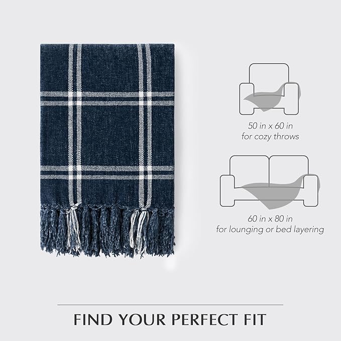 EVERGRACE Plaid Chenille Throw Blanket for Couch, Super Soft Cozy Decorative Windowpane Grid Plaid Throw with Tassels, Lightweight Chenille Knit Throw for Bed Sofa Gift, Navy & White 50”x60”