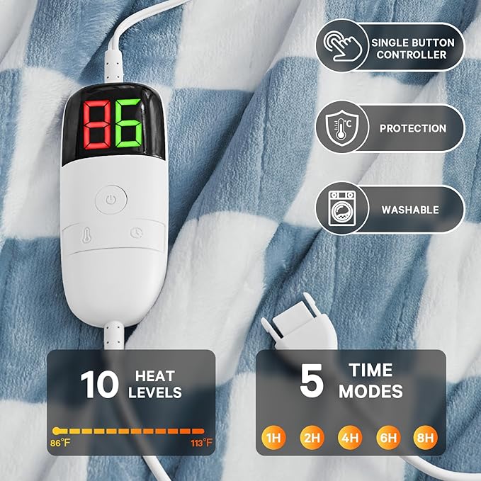 Heated Electric Blanket Twin Size, 62X84 Heating Blanket with 10 Heat Level & 8 Hours Auto Off, Misty Blue Checkered Plaid Soft Fleece Sherpa Blankets Warmer Gifts for Couch Grandma Women Adults