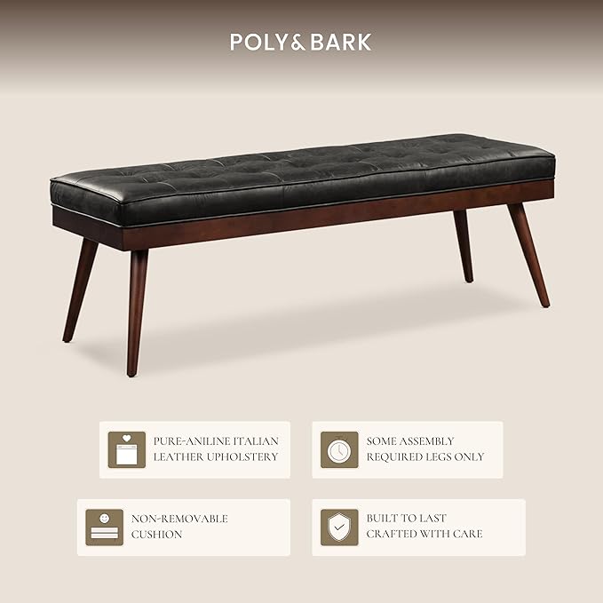 Poly & BARK 55" Tufted Leather Bed Bench for Bedroom End of Bed - Living Room Entry Way Bench - Pure Italian Leather Upholstery with a Solid Wood Frame - Ottoman Bench with Wooden Legs - Onyx Black