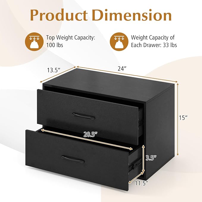 Giantex Stackable Drawers for Closet, 2-Drawer Short Dresser, Multi-Purpose Storage Cube with Anti-Scratch Pads, Anti-Tipping Devices, Storage Cabinet for Living Room, Entryway, Home Office (1, Black)