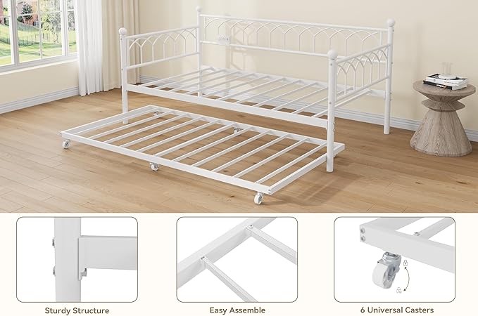 GarveeHome Daybed with Trundle, Metal Twin Trundle Bed with Charging Station & LED Lights, Sofa Beds Frame with Pull Out Bed for Living Room, Guest Room, Apartment, Small Spaces, White