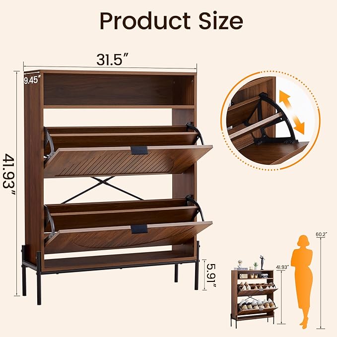 47" Fluted Large Shoe Cabinet with 4 Flip Drawers, Slim Freestanding Shoe Cabinet Organizer, Narrow Shoes Storage Rack for Entryway, 5 Sturdy Legs (All Walnut-2 drawers, 9.45"D x 31.5"W x 41.93"H)