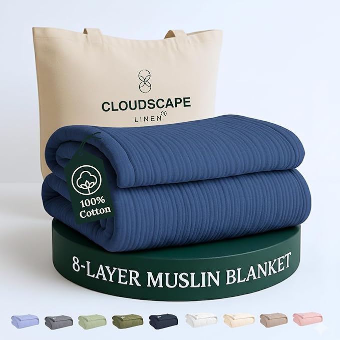 Cloud Scape Linen 8-Layer Muslin Blanket Queen Size - 100% Cotton, Soft and Breathable, Oversized Winter Blanket, Fits up to Full Size Bed, 92x92, Ensign Blue