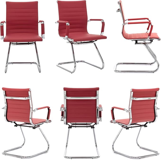 Wahson Office Guest Chairs Set of 2, Leather Reception Chairs, Mid Back Waiting Room Chair, Conference Chairs with Sled Base, Desk Chair No Wheels for Meeting/Lobby/Restroom, Dark Red