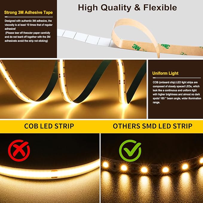 COB LED Strip Light,CCT Dimmable Strips Light,2700K-6500K,32.8ft/10m,8mm Wide,CRI90+ 24V LED Strips Kit with Bluetooth APP Control/Music Mode,for Bedroom,Kitchen,DIY Lighting