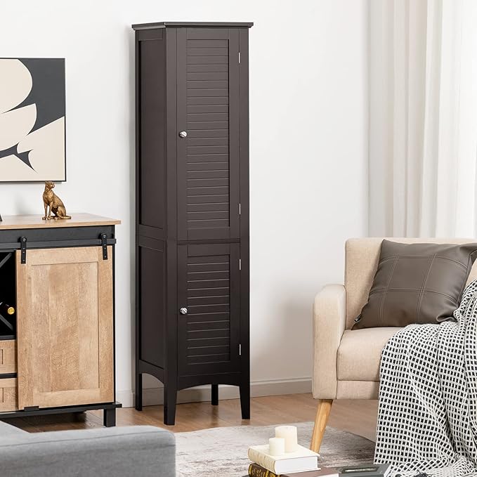 COSTWAY Tall Bathroom Storage Cabinet, 5-Tier Freestanding Linen Tower Cabinet with 2 Doors, Wooden Side Storage Organizer, Narrow Slim Floor Cabinet for Bathroom, Living Room, Kitchen (Brown)