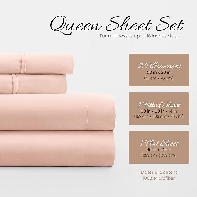 Linen Market Double-Brushed Microfiber Queen Sheet Set 4 Piece – Oeko-TEX Certified Ultra Soft & Wrinkle-Free - 16" Deep Pocket Sheets - Easy Care Queen Size - Blush