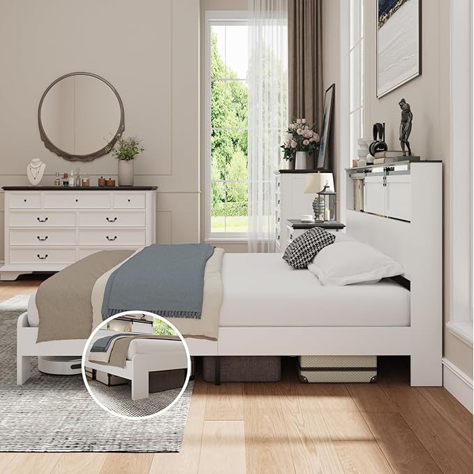 Queen Wood Bed Frame, Sliding Barn Door Storage Headboard with LED Lights and Charging Station, Farmhouse Wood Platform Bed with Metal Slat Supports, No Box Spring Required, Noiseless, White