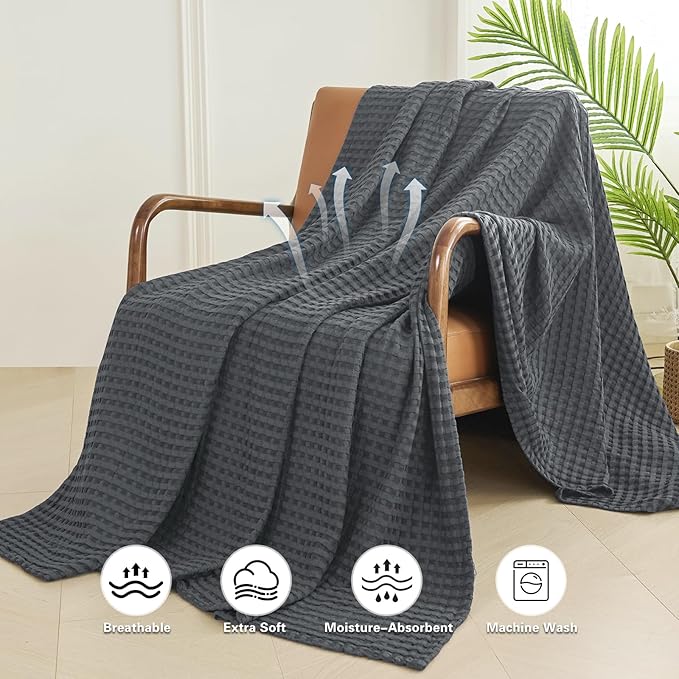 Aganear Waffle Blanket - Lightweight Breathable Summer Blanket of 50% Cotton and 50% Rayon Derived from Bamboo for Hot Sleepers Luxury Throws for Bed, Couch and Sofa,Dark Grey,90x90 Inches