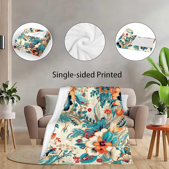 Floral Throw Blanket, Wild Flowers Blanket Gift for Women and Men, Lightweight Teal and Turquoise Fleece for Home Decor, Machine Washable, 50x60 Inches