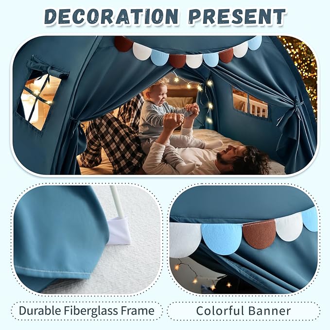 Razee Full Size Bed Canopy for Kids, Toddler Bed Tent Dream Playhouse Privacy Floor Sleeping Tents Indoor Under Bunk Bed Tent with Pennant Banners, Kid House Toys for Boys Girl Birthday Gift