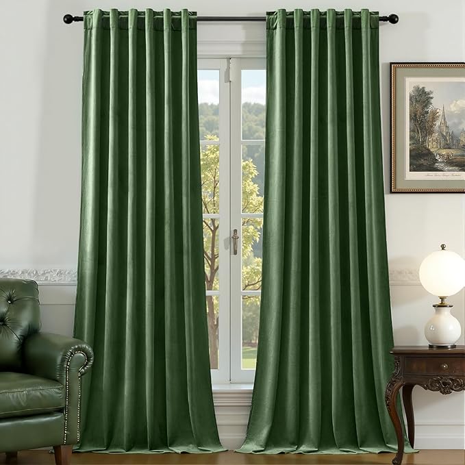 AUSSPVOCT Olive Green Velvet Curtains for Bedroom, Thermal Insulated Room Darkening Luxury Blackout Curtains 90 Inches Long Back Tab Window Drapes for Living Room Nursery, W52 x L90, 2 Panels