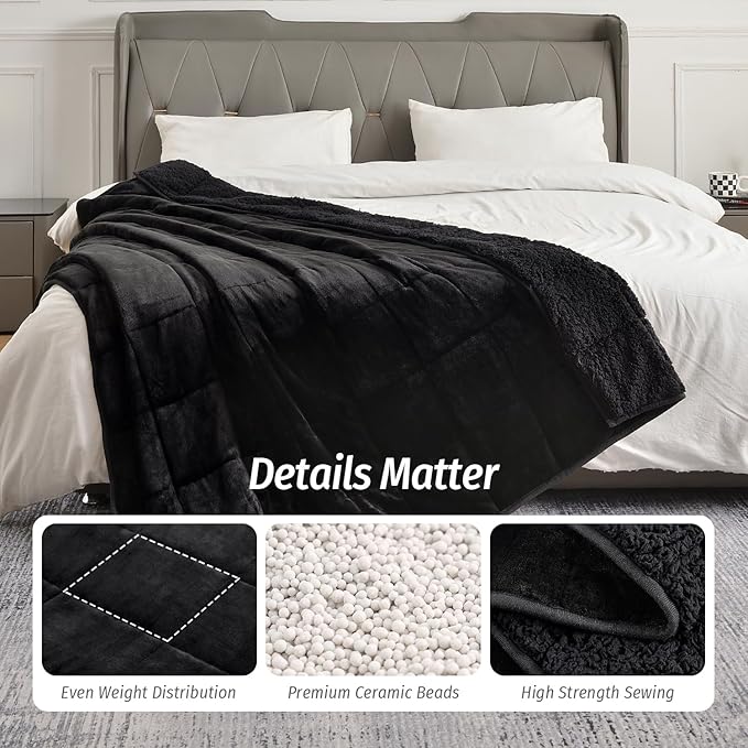 Wemore Sherpa Fleece Weighted Blanket for Adult 15 lbs Dual Sided Cozy Fluffy Heavy Blanket,Ultra Fuzzy Throw Blanket with Soft Plush Flannel Top,60 x 80 inches Black on Both Sides