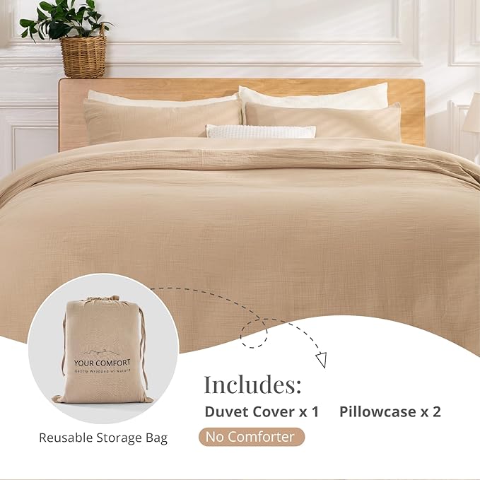 100% Sandwashed Cotton Duvet Cover Queen Size, Soft Queen Duvet Cover Set 3 Pieces with Zipper Clousre & Corner Buttons (Linen, Queen 90 x 90)