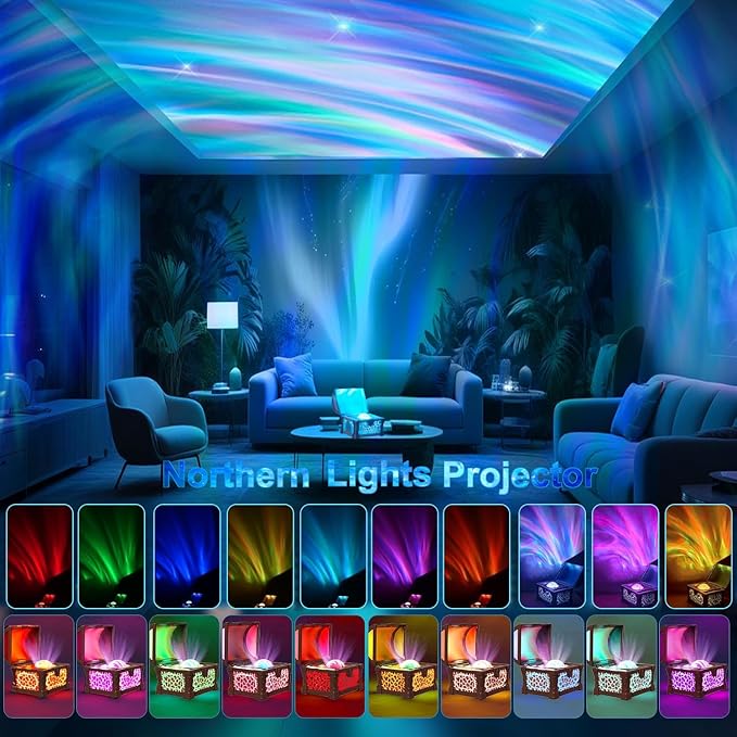 Treasure Box Northern Lights Projector, Galaxy Aurora Night Light Projector with 8 Colors, White Noises, Timer & Remote Control, Ceiling Projection Ambient Lighting for Bedroom Gaming Room Gifts, Blue