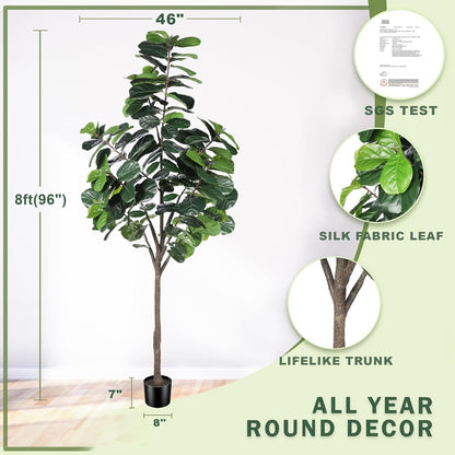8ft(96in) Fiddle Leaf Fig Tree Artificial - Tall Faux Fiddle Leaf Fig Tree - Fake Fig Plant with Realistic Texture for Indoor Outdoor Modern Home House Office