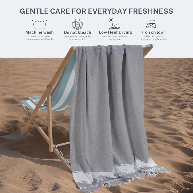 Cotton Turkish Beach Towel Towels Oversized 36"x72" Pool Absorbent Extra Large Quick Dry Sand Travel Towel (Grey, 2 Pack)