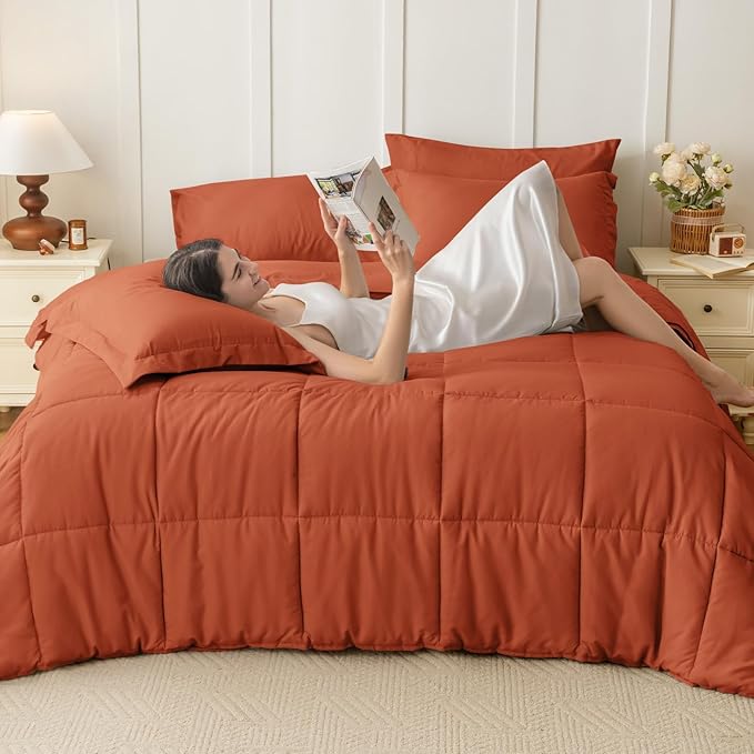 JOLLYVOGUE Queen Comforter Set, Ultra-Soft Bed in a Bag Queen Size 7 Pieces, Oeko-TEX Certified Bedding Set with Down Alternative Comforter, Sheets, Pillowcases & Shams, Burnt Orange