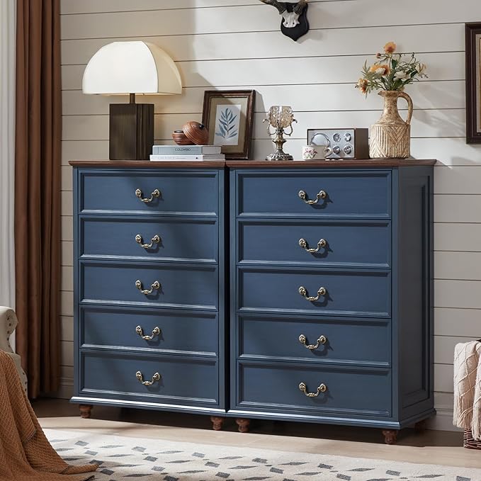 Farmhouse 5 Drawer Dresser Set of 2 for Bedroom, 45" Tall Rustic Chests of Drawers w/ 4 Solid Wood Feet, Mid Century Vintage Wooden Closet Storage Dressers Organizer for Living Room, Navy Blue