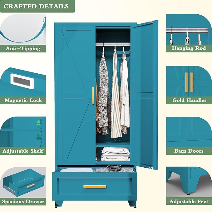 71" Tall Metal Armoire Wardrobe Closet with Removable Hanging Rod and Doors,Blue Armoire Wardrobe Cabinet for Garage Laundry Room Office