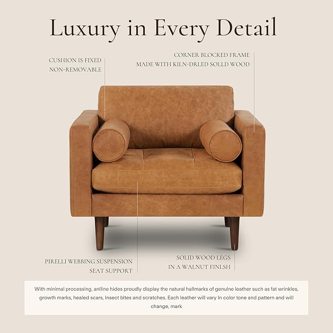 Poly & BARK Napa Leather Accent Chairs 42" – Set of 2 - Mid Century Modern Armchair with Bolster Pillows, Living Room or Bedroom Chair in Cognac Tan
