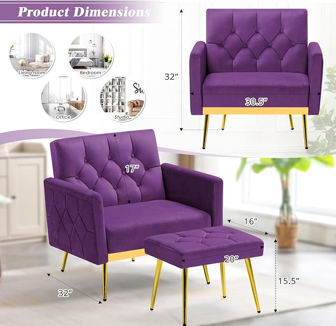 Velvet Accent Chair w/Adjustable Armrests and Backrests, Tufted Single Sofa with Ottoman, Upholstered Reading Chiar for Living Room, Apartment, Bedroom, Purple