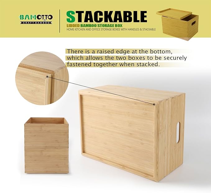 BAMOTTO Lidded Bamboo Storage Bins & Box/Cube/Basket, Home Kitchen and Office Storage Boxes with Handles & Stackable for Organizer Tableware, Clothing, Toys, Office Shelf Books, 10.2”x7.3”x6.5”