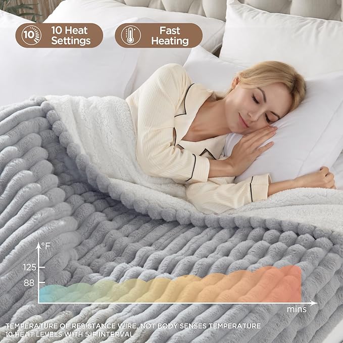 Westinghouse Electric Blanket Queen Size, Soft Luxury Faux Fur & Sherpa Heated Blanket with 10 Heating Levels & 1-12 Hours Auto Off, Fast Heating Blanket, Machine Washable, 84x 90 Inch Light Grey