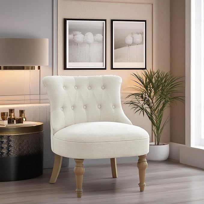 Living Room Chairs, Armless Accent Chair, Comfy Tufted Bedroom Chair, Upholstered Chair with Wooden Legs for Reading Room, Reception, Apartments and Dormitories (Beige)