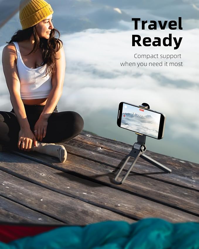 TODI Phone Tripod, Foldable Mini Desk Stand with 360° Phone Holder & Cold Shoe, Pocket Travel Tripod for iPhone, Portable Selfie Stick Handle Grip Compatible with iPhone/Android