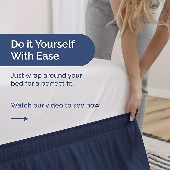 Wrap Around Dust Ruffle Bed Skirt - Navy Blue - for Full Size Beds with 21 Inch Drop - Elastic Strap - Adjustable Pleated Bedskirt with Brushed Fabric and Wrinkle Free - for Women, Men, Kids & Teens