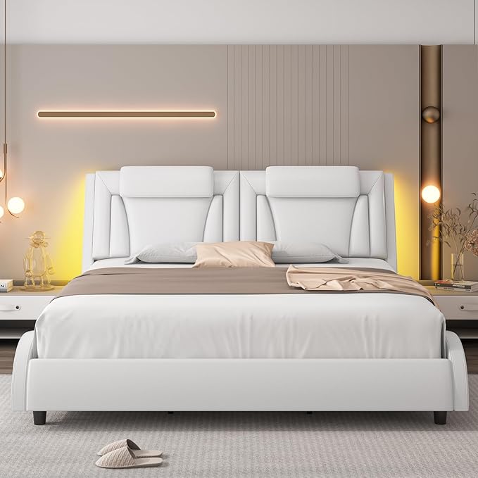 Keyluv Upholstered Platform Bed Frame with Adjustable LED Headboard, Pu Leather, Wave-Like Curve Design and Solid Wooden Slats Support, No Box Spring Needed, Noise Free, Modern, Queen, White