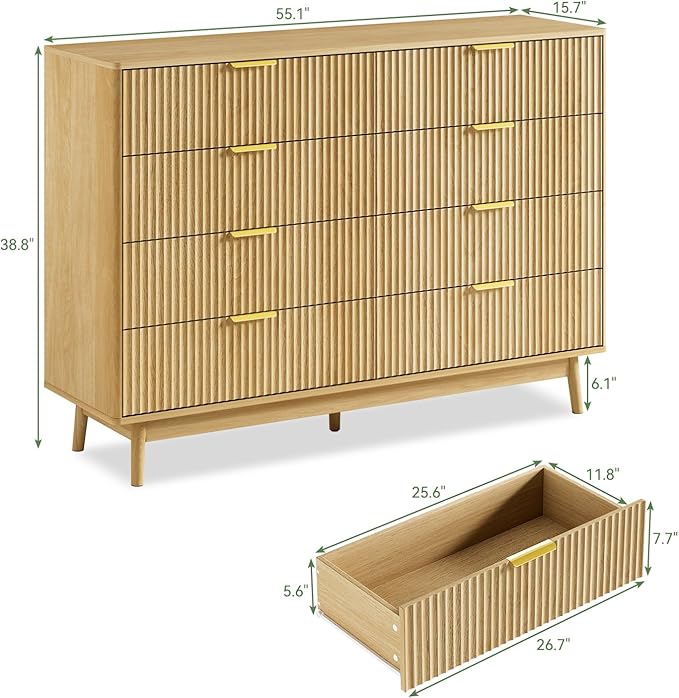 LYNSOM Fluted Dresser and Nightstand Sets 3 Piece, 8-Drawers Dresser and 1-Drawer Nightstands Set of 2, Wood Bedroom Furniture Set for Home, Bedroom, Hallway, Oak