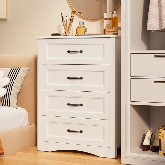 Gizoon Dresser for Bedroom with 4 Drawers Wooden Chest of Drawers for Closet Dresser Storage Unit Organizer for Hallway Living Room and Office, White