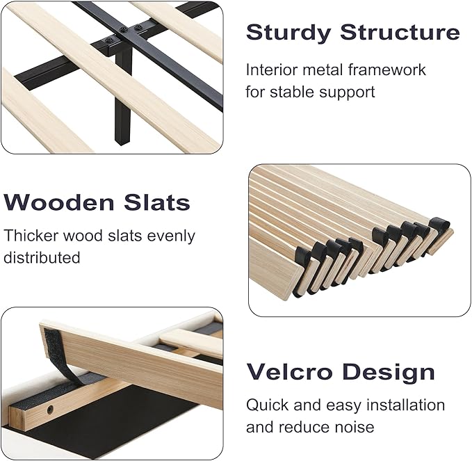 Full Platform Bed Frame, Velvet Upholstered Bedframe with Vertical Channel Adjustable Headboard, Golden Plating Trim, Mattress Foundation with Wooden Slats, No Box Spring Needed, Beige