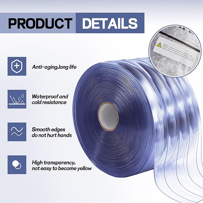 Moukeren Plastic Door Curtain for Winter 150 ft x 8 Inch Thermal Insulated Garage Door Strip Curtains Smooth Waterproof Clear PVC Strip Curtain for Warehouse Freezer Garage, 0.08" Thickness(Striped)