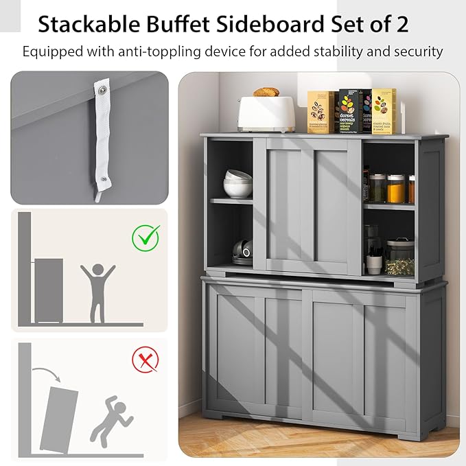 Costzon Sideboard Buffet Cabinet of 2, Wooden Kitchen Storage Cabinet with Adjustable Shelf, Sliding Barn Door, Accent Coffee Bar Cabinet Console Table for Living Room, Dining Room, Hallway (Grey)