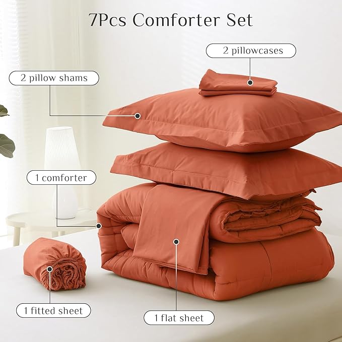 JOLLYVOGUE Full Comforter Set, Ultra-Soft Bed in a Bag Full Size 7 Pieces, Oeko-TEX Certified Bedding Set with Down Alternative Comforter, Sheets, Pillowcases & Shams, Burnt Orange