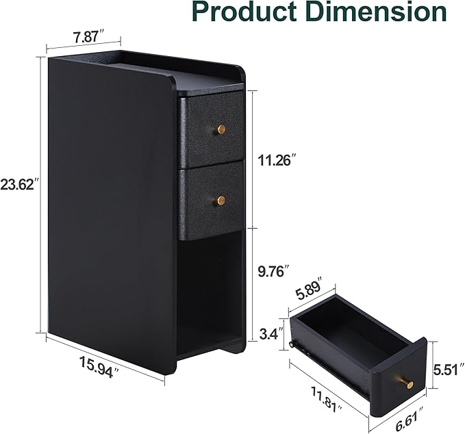 Narrow End Table Bedroom, Wooden Small 2 Drawer Nightstand, Thin Couch Side End Table, Skinny Bedside Table Small Spaces, Mid Century Modern Night Stand with Drawers (Black-1 pc)