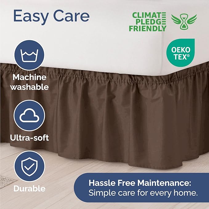 Wrap Around Dust Ruffle Bed Skirt - Brown - for Full Size Beds with 15 Inch Drop - Easy Fit Elastic Strap - Adjustable Pleated Bedskirt w/Brushed Fabric - Wrinkle Free - for Women, Men, Kids & Teens