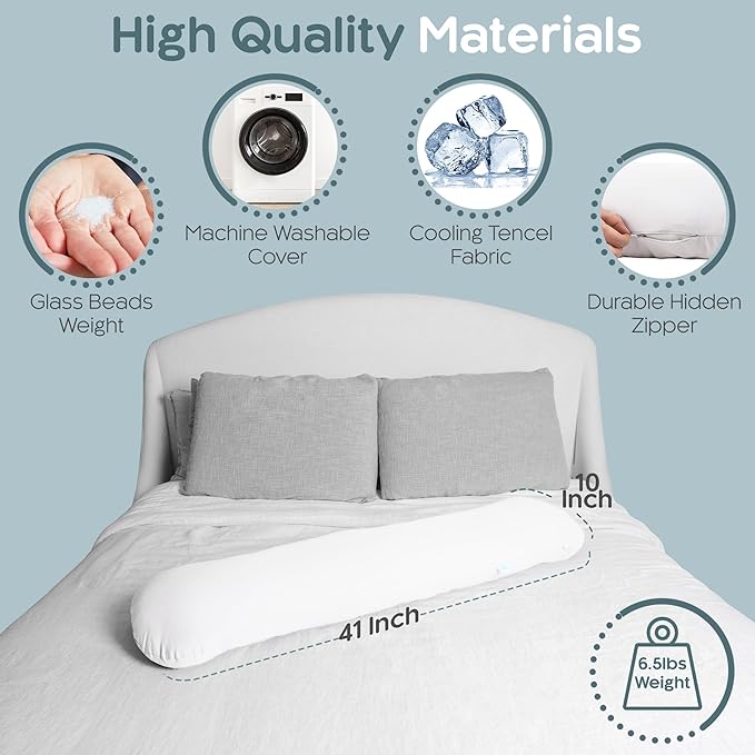 Weighted Body Pillow 6.5lbs - Weighted Pillow for Deeper Sleep (41” x 10”) - Cooling Body Pillows for Adults, Full Body Pillow for Adults, Side Sleeper Body Pillows with Cover (White)