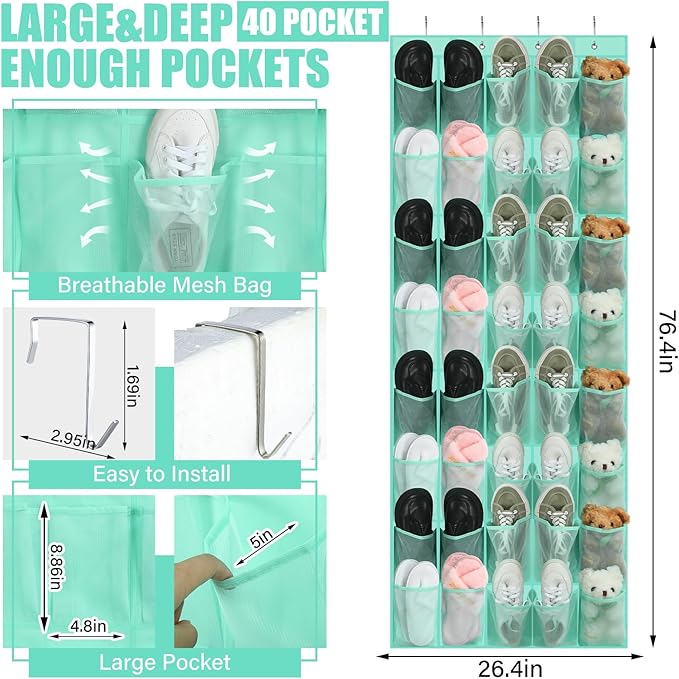Windyun 40 over the Door Shoe Organizer Large Mesh Pocket Hanging Shoe Rack for Closet Turquoise Nonslip Behind Door Storage Holder Back to School Organizer for Dorm Room College Classroom Storage