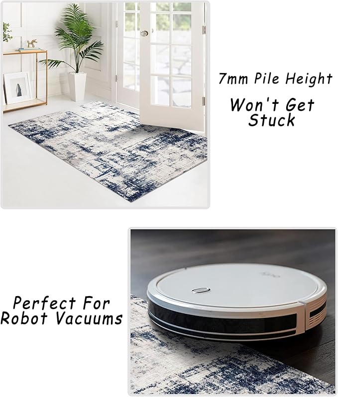 3x5 Rug, Small Area Rug for Living Room, Bedroom, Kitchen, Machine Washable Non-Slip Throw Rug, Modern Abstract Carpet for Entryway Nursery Coffee Table, Ivory Navy