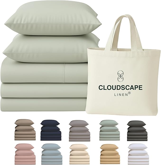 Cloud Scape Linen 100% Egyptian Cotton Split King Sheet Set for Adjustable Bed,400 Thread Count, 5 Pcs Bedding Set, Soft, Breathable and Durable, Deep Pockets up to 17, Mineral