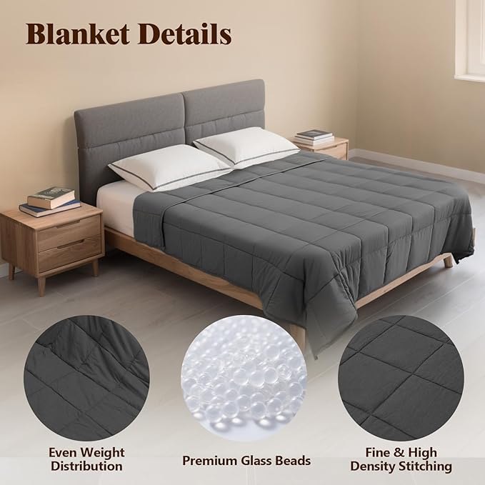 Weighted Blanket for Adults (20 lbs, 60" × 80", Grey) Queen Size Heavy Blanket for 190-210lbs, Breathable Weighted Throw Blanket with Glass Beads for All Season, Washable