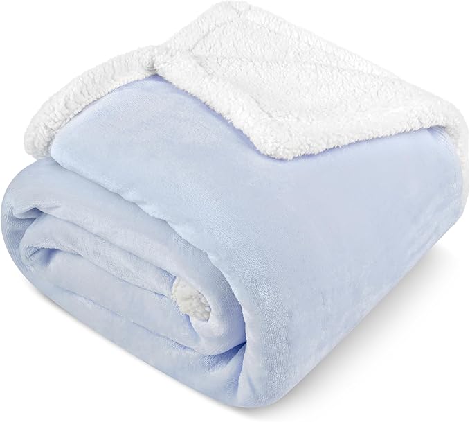 PAVILIA Sherpa Fleece Throw Blanket for Couch, Twin Size, Light Blue, Plush Soft Fuzzy Sofa Blanket, Cozy Reversible Winter Throw for Women Men, 60x80 Inches