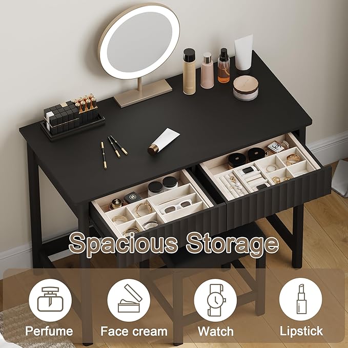 ChooChoo 40 Inch Modern Desk with Drawers, Makeup Vanity Desk with Padded Stool, Small Home Office Desk for Bedroom, Black