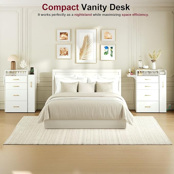 Small Vanity Desk,Compact Vanity Set with Power Outlet,3 in 1 Makeup Vanity with Lights with 3 Modes Lighting,Plip Mirror,Sliding Cabinet,Storage Stool,Dressing Table,White Vanity PT01DTM