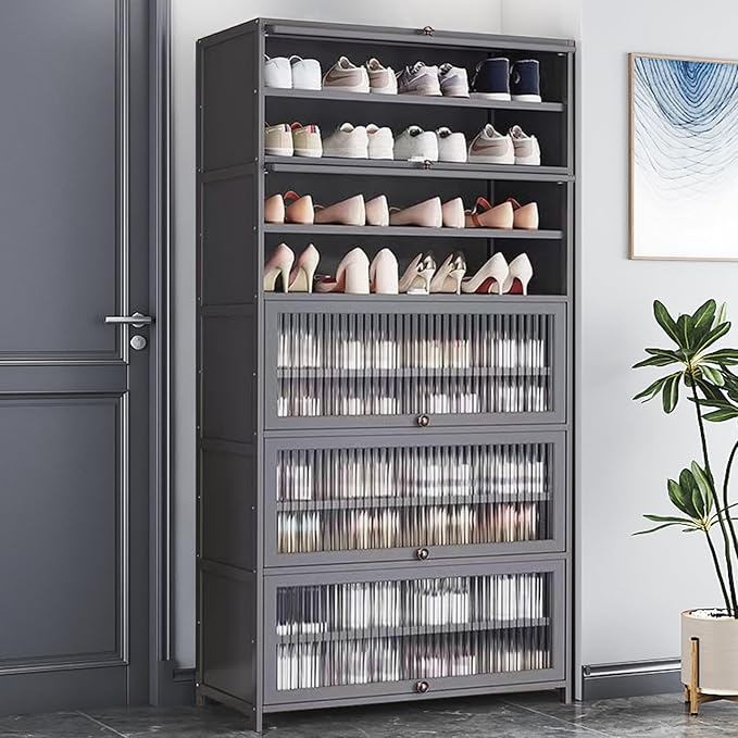 Bamboo Shoe Cabinet with Acrylic Door,10-Tier Shoe Storage Rack, 40-45 Pairs Freestanding Shoe Rack, Entrance Shoe Cabinet for Hallway Living Room